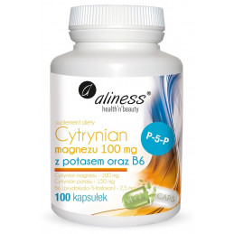 Cytrynian Magnezu 100 mg z potasem 150 mg, B6 (100 kapsułek VEGE) Aliness